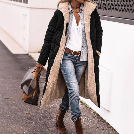 Damen lange Steppjacke mit kuscheligem Teddyfutter und großem Revers EB