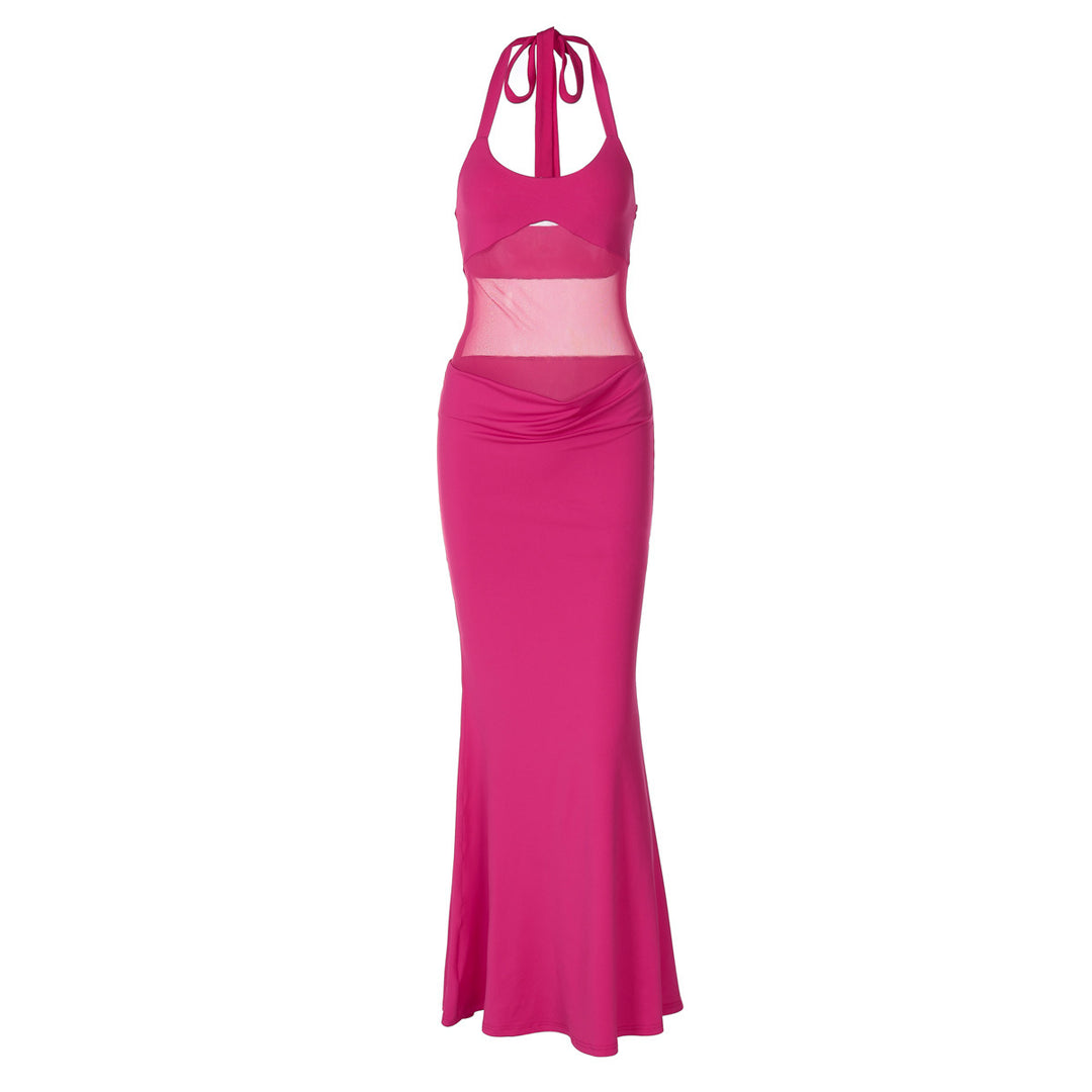 Damen Elegantes Maxi-Kleid mit transparentem Oberteil und tiefer Taille EB