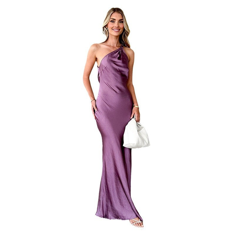 Damen Elegantes Maxikleid mit asymmetrischem Träger und fließendem Satinfall EB
