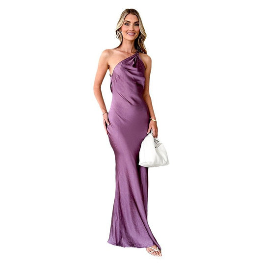 Damen Elegantes Maxikleid mit asymmetrischem Träger und fließendem Satinfall EB