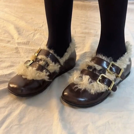 Damen Clogs mit kuscheligem Kunstfellkragen und modischen Schnallen EB