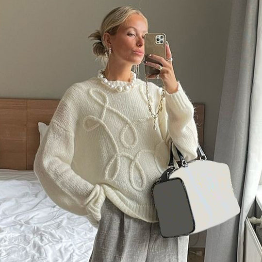 Damen Strickpullover mit floralem Garnmuster EB