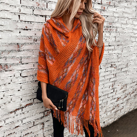 Damen Strickponcho mit Kapuze und fransigem Design EB