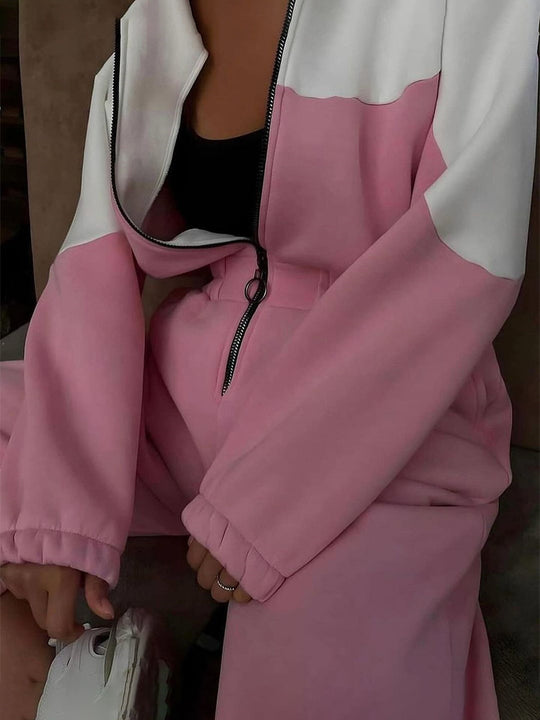 Damen modern geschnittener Zip-Hoodie und High-Waist Jogginghose Set EB