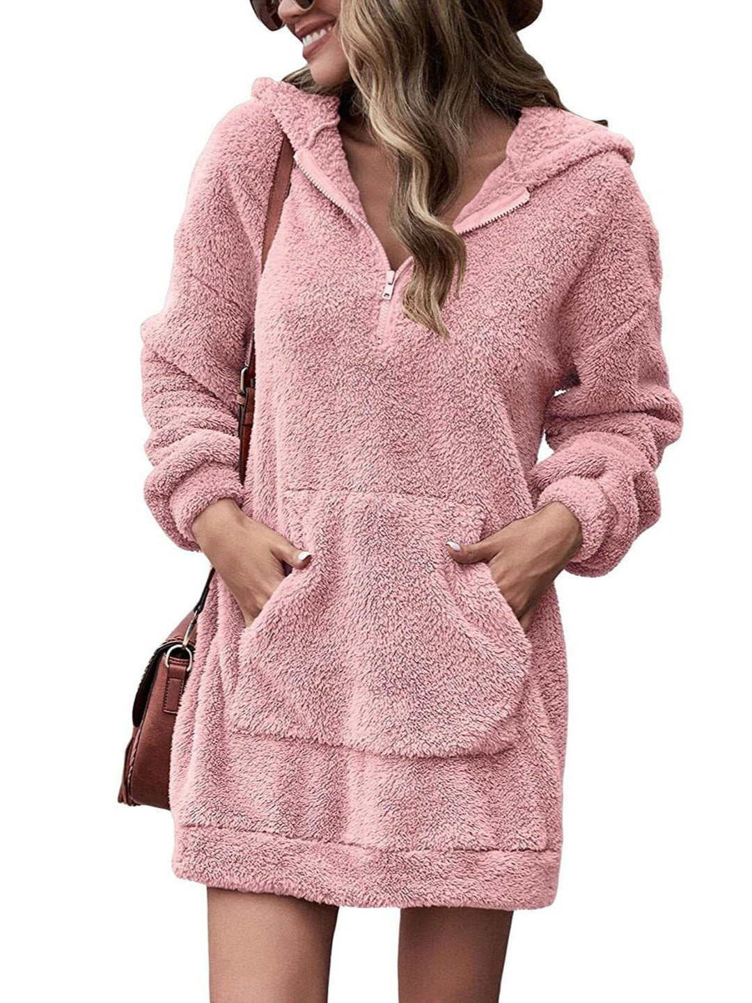 Damen Kuscheliger Hoodie-Kleid mit praktischen Taschen und halben Reißverschluss EB
