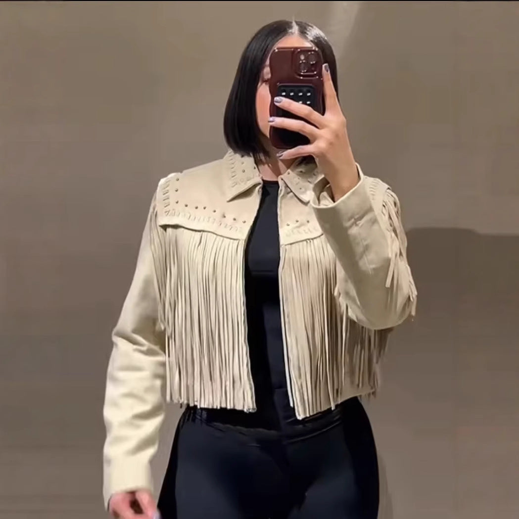 Damen modische Fransenjacke mit dekorativen Nieten EB