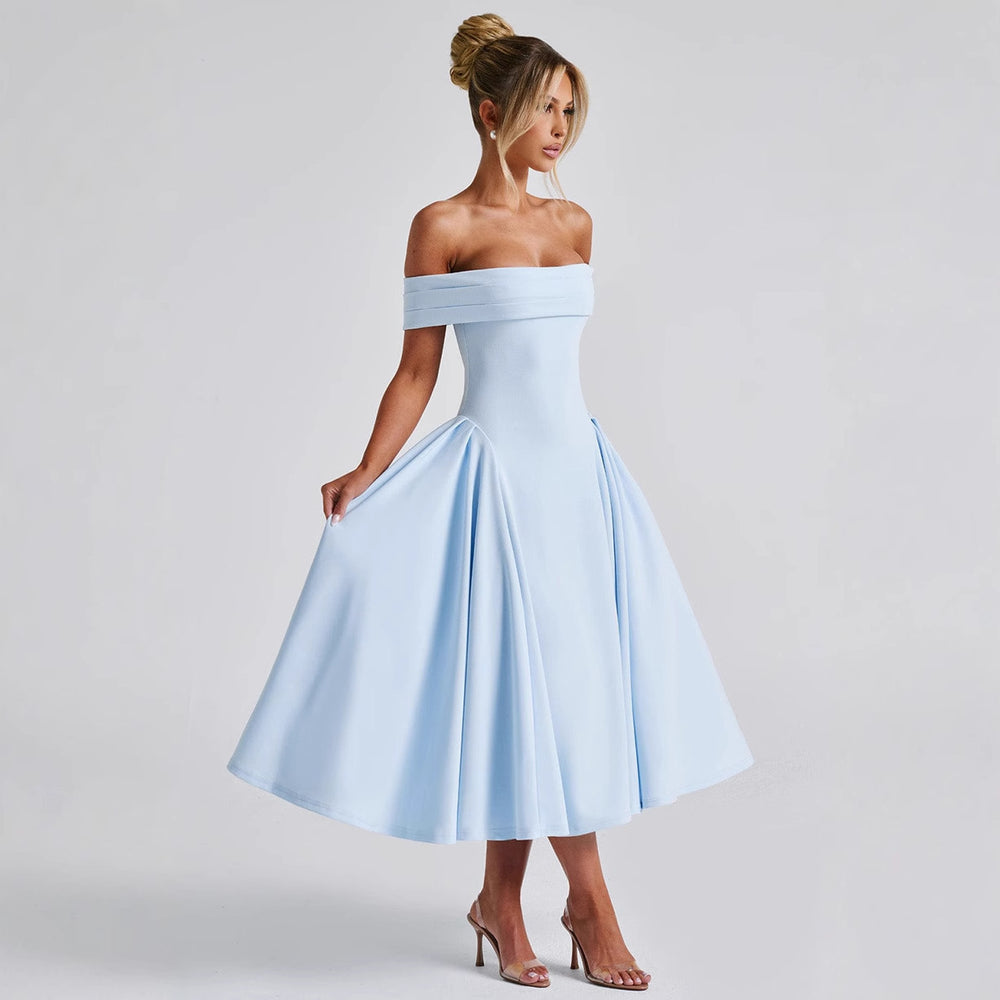 Damen Cocktailkleid mit schulterfreiem Design und voluminösem Rock EB