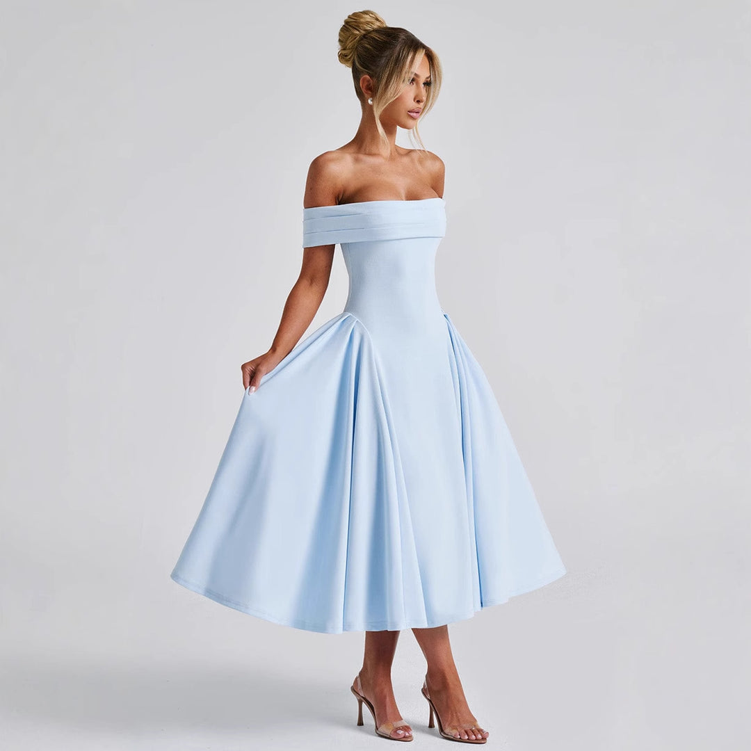 Damen Cocktailkleid mit schulterfreiem Design und voluminösem Rock EB
