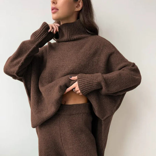Damen Gemütliches Strickensemble mit hohem Kragen und weit geschnittenen Hosen EB
