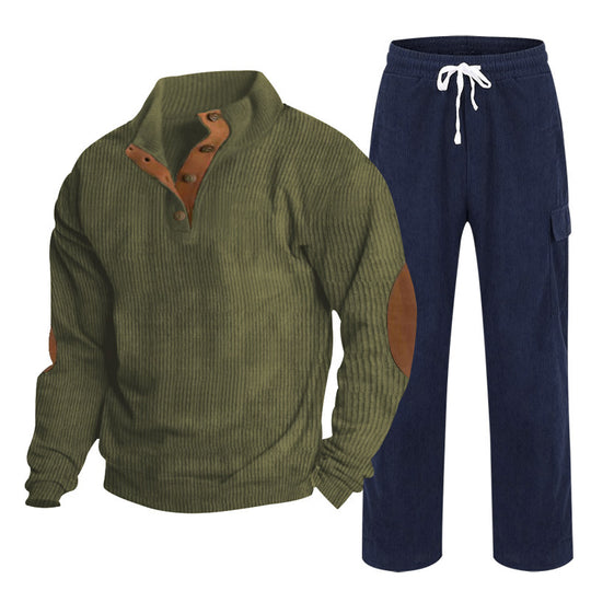 Herren nan Strick-Freizeitset mit Knopfleiste und Ellenbogenaufnähern sowie Cord-Cargohose EB