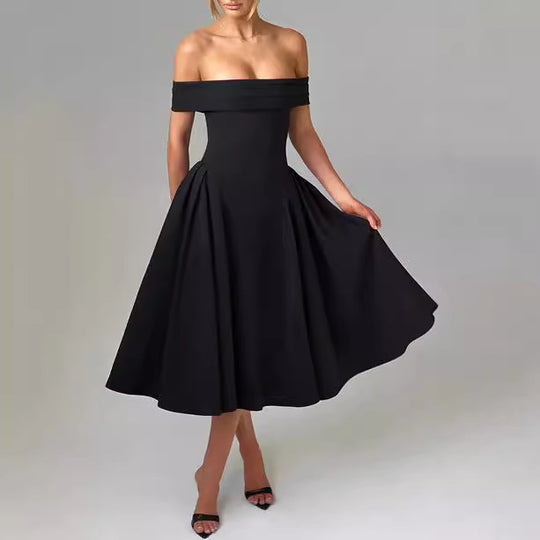 Damen Elegantes Off-Shoulder Midikleid mit ausladenden Falten und Taschen EB