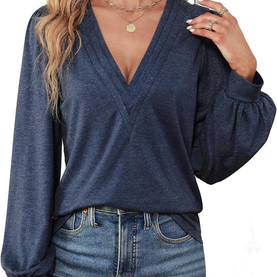 Damen Elegantes Blusenshirt mit V-Ausschnitt und puffförmigen Ärmeln EB