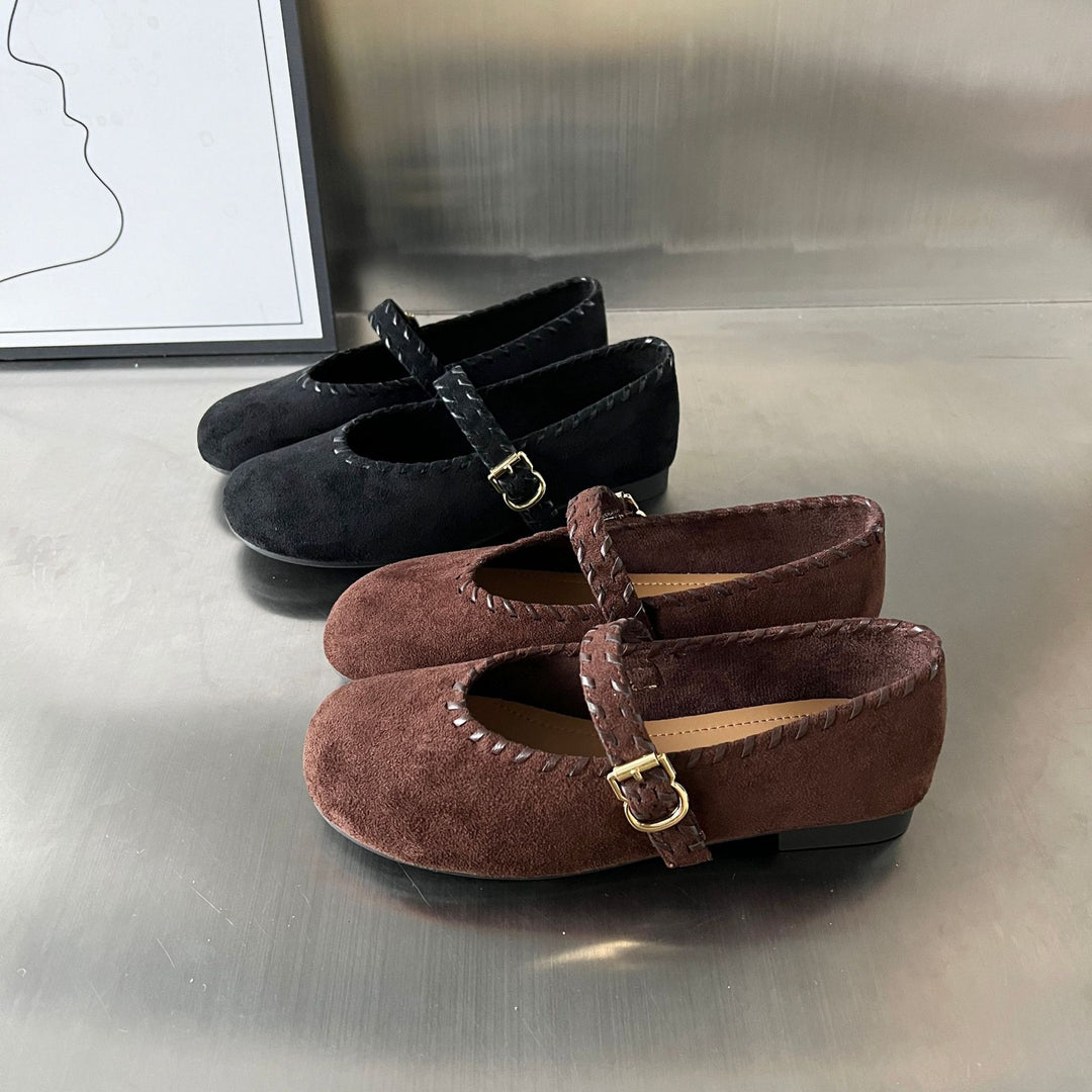 Damen elegante Ballerinas mit geflochtenem Riemen und hochwertiger Veloursoberfläche EB