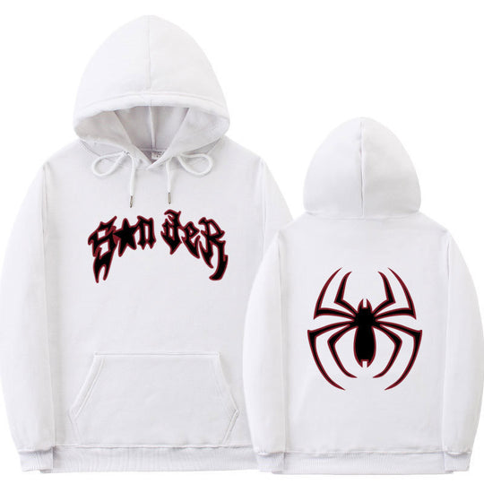 Damen Kapuzenpullover mit auffälligem Spinnenmotiv und grobem Schriftzug EB