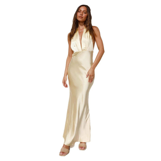 Damen Elegantes Wickelkleid mit schimmerndem Satin-Oberteil und tiefem V-Ausschnitt EB