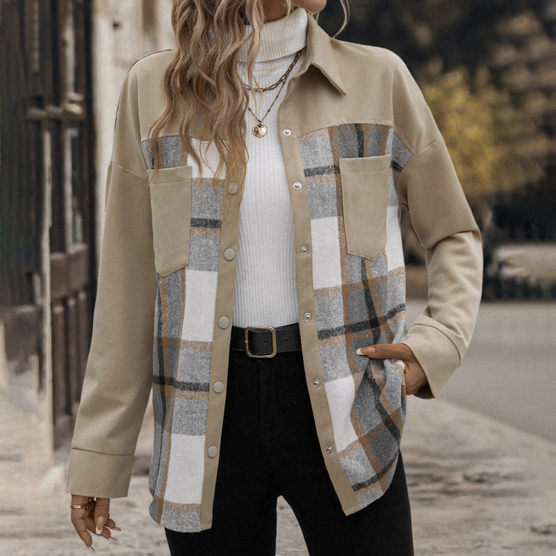 Damen Modische Karoschirtjacke mit Brusttaschen und Knopfleiste EB