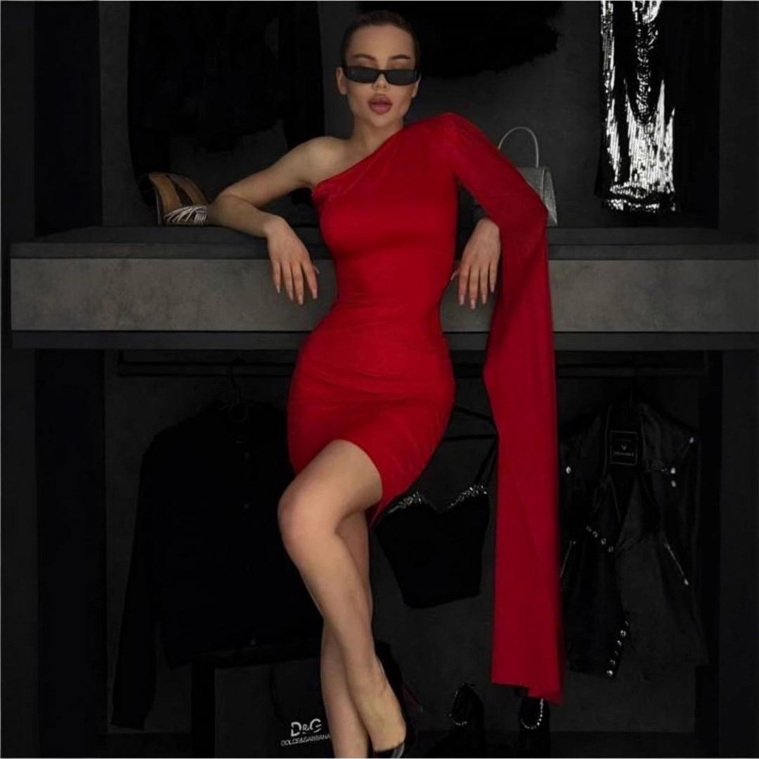 Damen Figurbetontes Kleid mit asymmetrischem Ärmel und elegantem Schnitt EB
