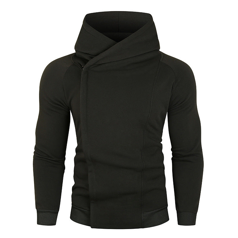 Herren nan asymmetrischer Kapuzenpullover mit Wickelkragen und verdeckter Knopfleiste, schlanke sportive Passform EB