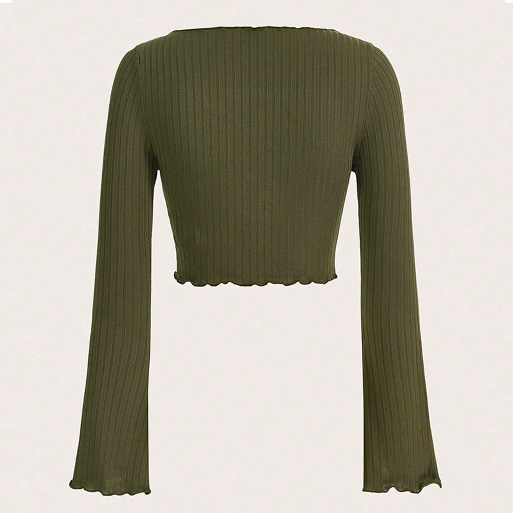 Damen fein geripptes Cropped-Longsleeve mit asymmetrischem Wellensaum und Cut-Out Eichborn Berlin