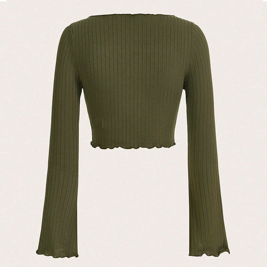 Damen fein geripptes Cropped-Longsleeve mit asymmetrischem Wellensaum und Cut-Out Eichborn Berlin