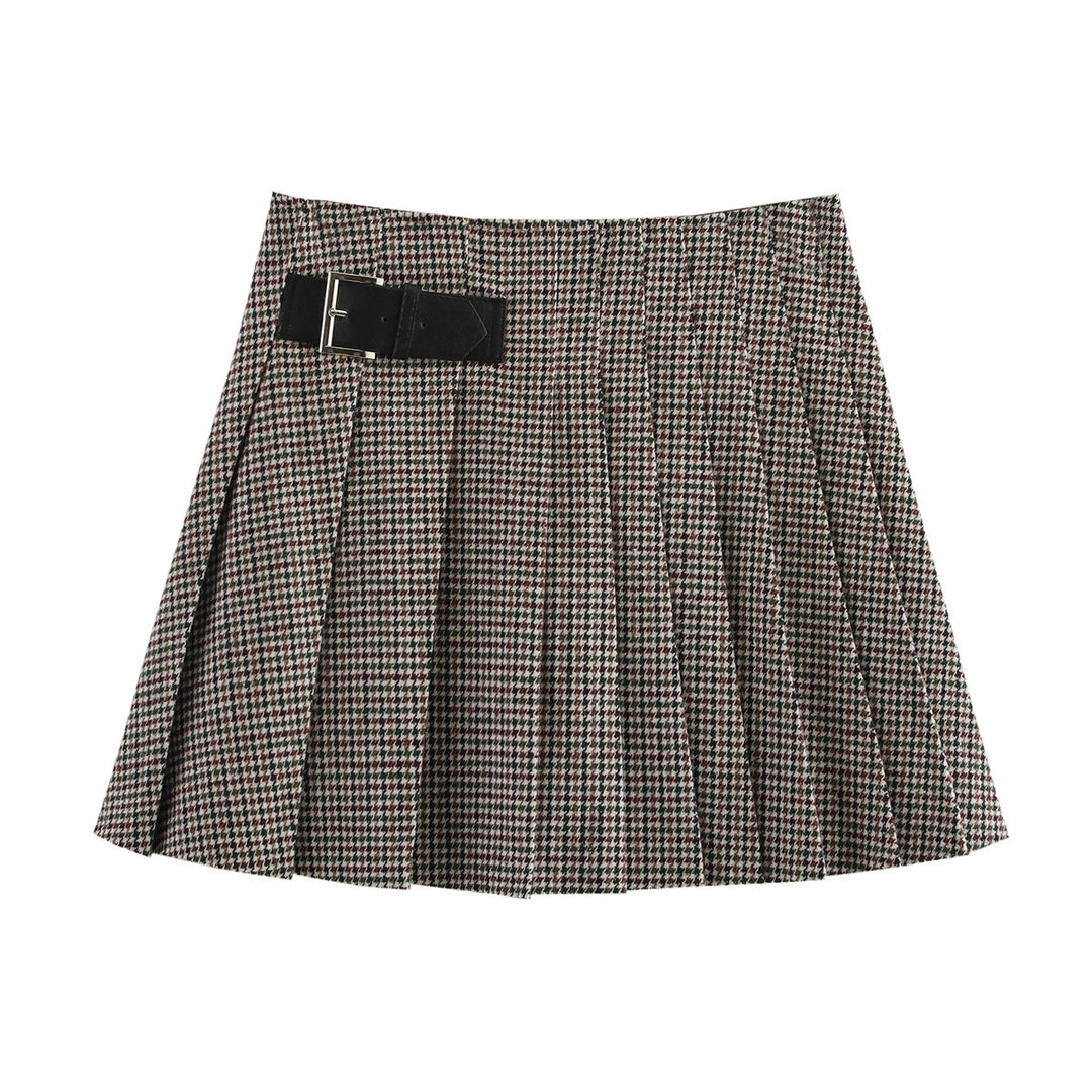 Damen plissierter Rock mit schmalem Gürtel und modernem Check-Muster EB