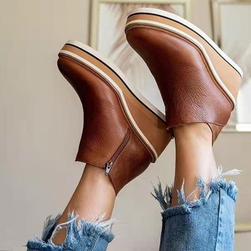 Damen Keil-Ankle-Boots mit Plateau-Blocksohle aus Leder und seitlichem Reißverschluss EB