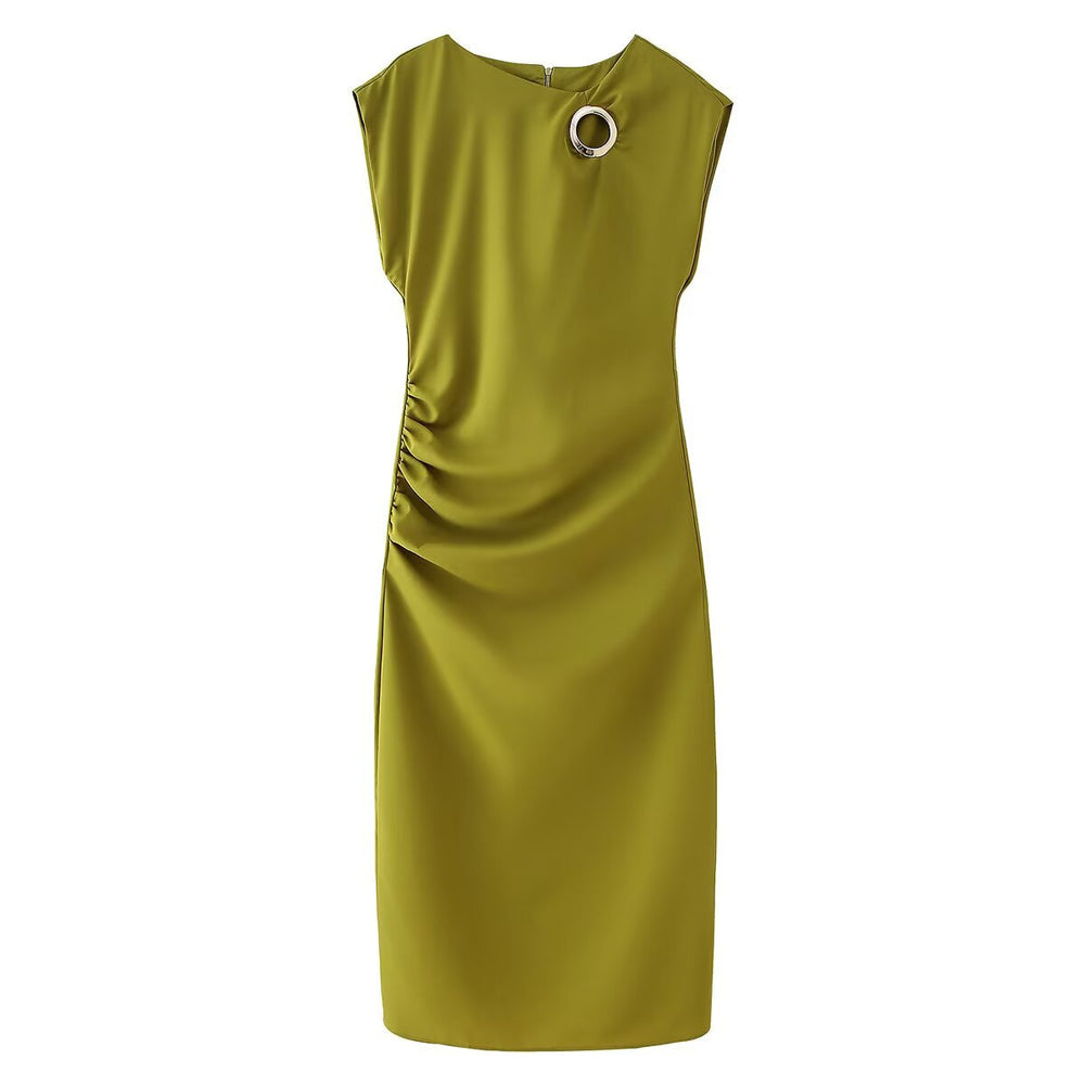 Damen elegantes Jersey-Kleid mit Detailrüsche und edlem Schmuckelement EB
