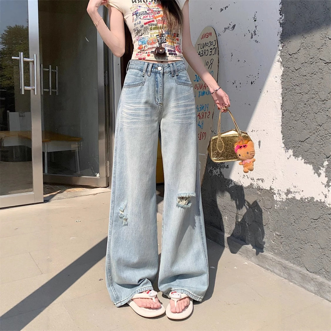Damen Weite Denim-Jeans im lässigen Vintage-Stil mit modischen Rissen EB