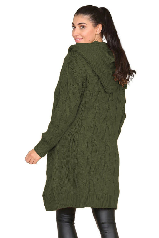 Damen Strickmantel mit Kapuze und kunstvollem Zopfmuster EB