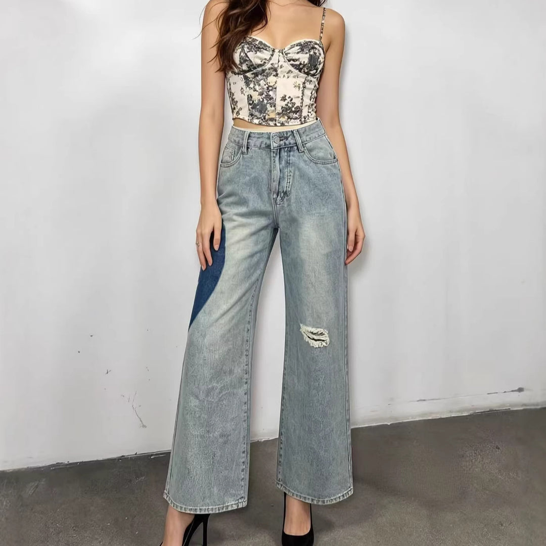 Damen weit geschnittene Denim-Jeans mit einzigartigen Farbakzenten EB