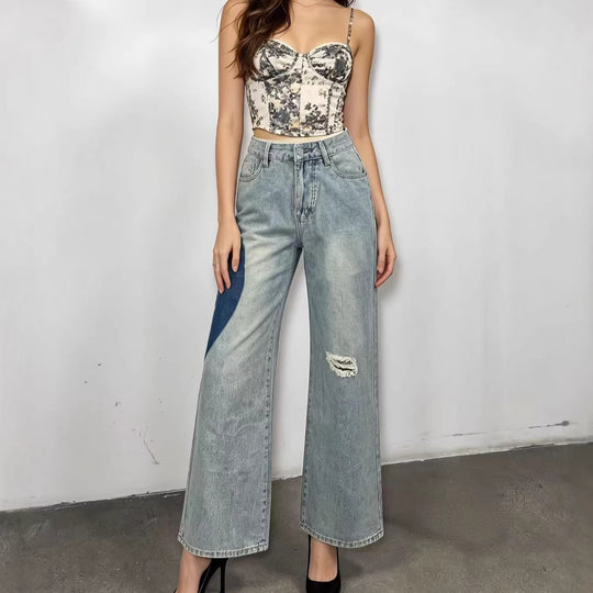 Damen weit geschnittene Denim-Jeans mit einzigartigen Farbakzenten EB