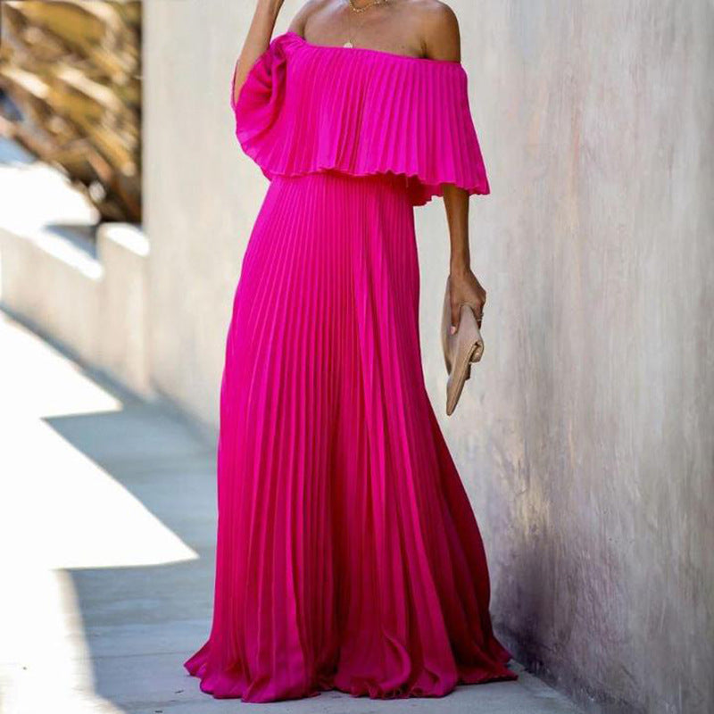 Damen Maxikleid mit asymmetrischem Plisseefall und schulterfreiem Design EB