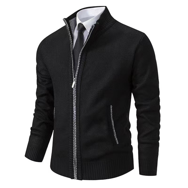 Herren nan melierte Strickzipjacke mit hohem Stehkragen, feiner Struktur und verdeckten Eingrifftaschen EB