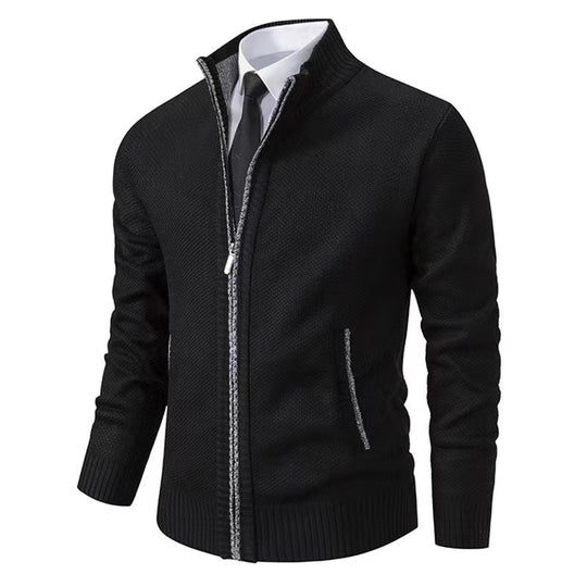 Herren nan melierte Strickzipjacke mit hohem Stehkragen, feiner Struktur und verdeckten Eingrifftaschen EB