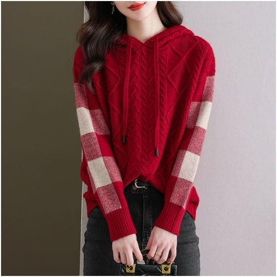 Damen Strickpullover mit Kapuze und modischem Karomuster EB