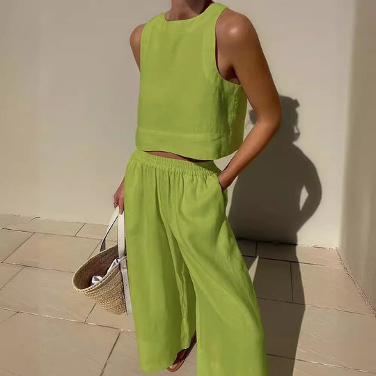 Damen luftiges Leinenoberteil mit weiter Hose EB