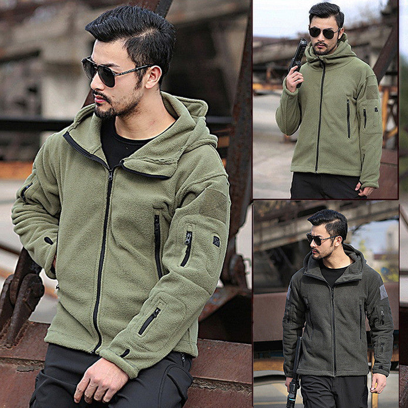 Herren Fleecejacke mit mehrfachen Taschen und verstellbarem Kapuzenkragen EB