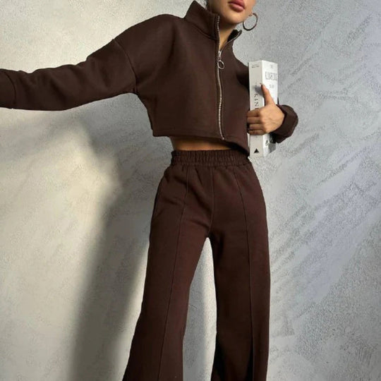 Damen nan kurzes Reißverschluss-Crop-Sweatshirt mit Stehkragen und hochtaillierter Jogginghose Set EB