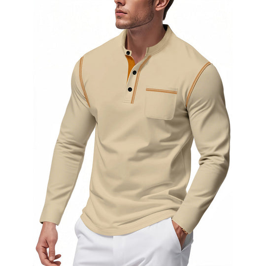 Herren nan Henley-Langarmshirt mit Stehkragen, Brusttasche und kontrastierenden Ziernähten EB