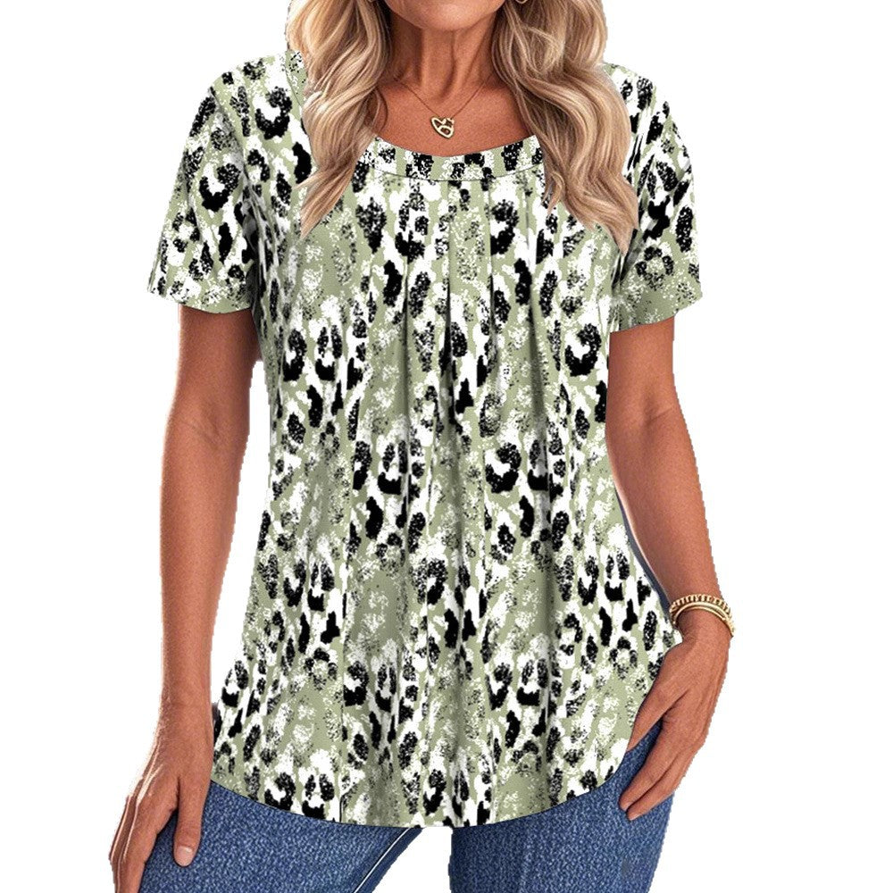 Damen nan lockeres Kurzarm-Tunika-Shirt mit Rundhalsausschnitt, mittiger Zierfaltenlegung und geschwungener Saumlinie EB