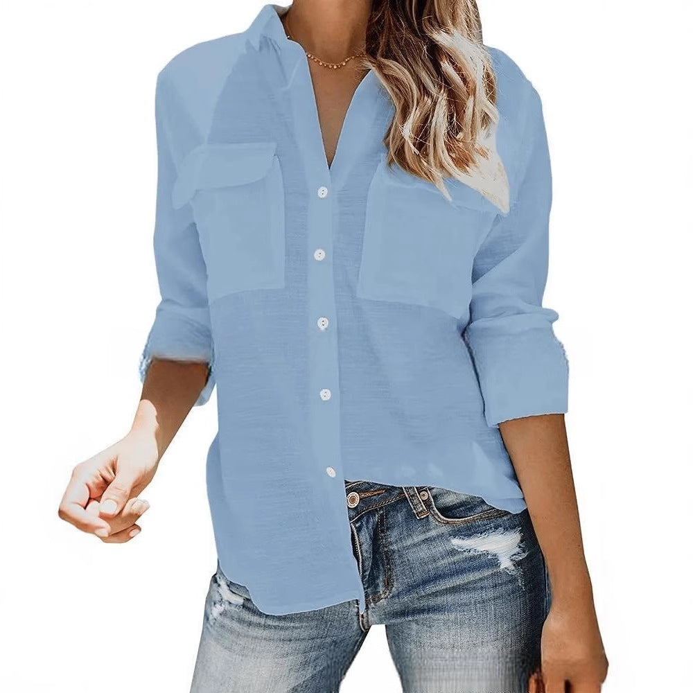 Damen leichte Sommerbluse mit zwei Brusttaschen und aufgerollten Ärmeln EB