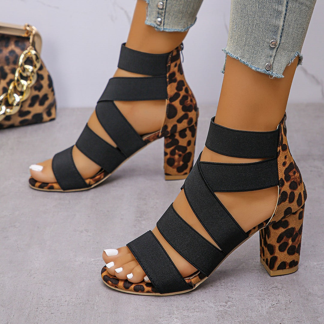 Damen Wedge-Sandalen mit elastischen Riemen und modischem Leoprint EB