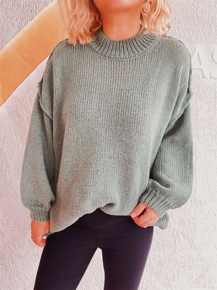Damen lässiger Grobstrickpullover mit hohem Kragen und weitem Schnitt EB