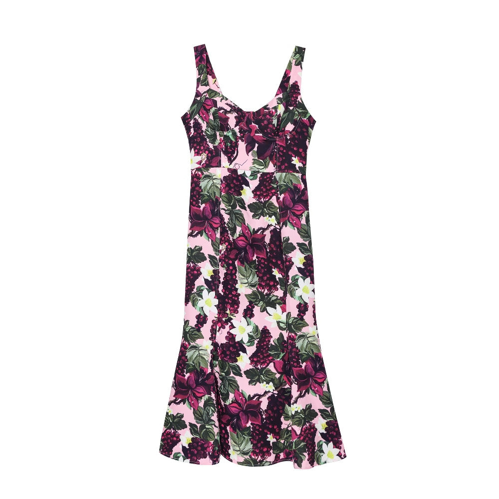 Damen Maxikleid im floralen Design mit schwingendem Saum und tiefem V-Ausschnitt EB