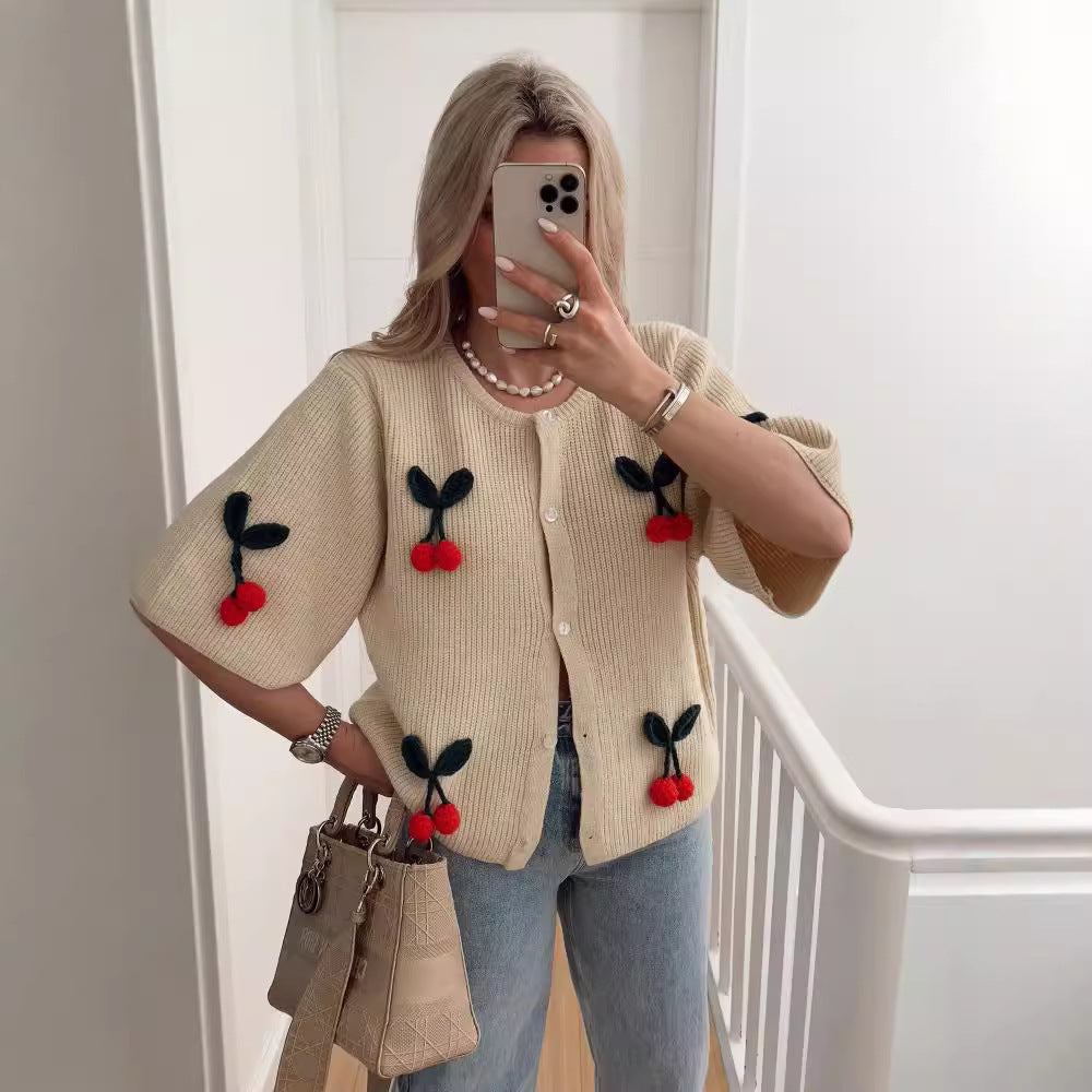 Damen lässiger und gestreifter Strickcardigan mit reizendem Kirschmuster EB