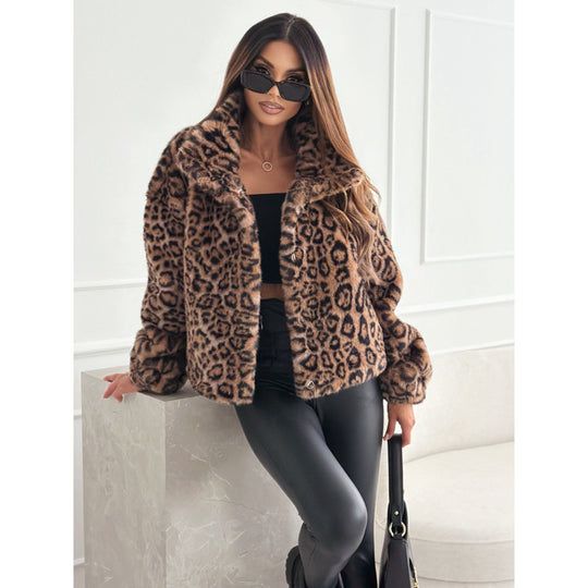 Damen Kunstpelz Leopardenmuster Jacke EB