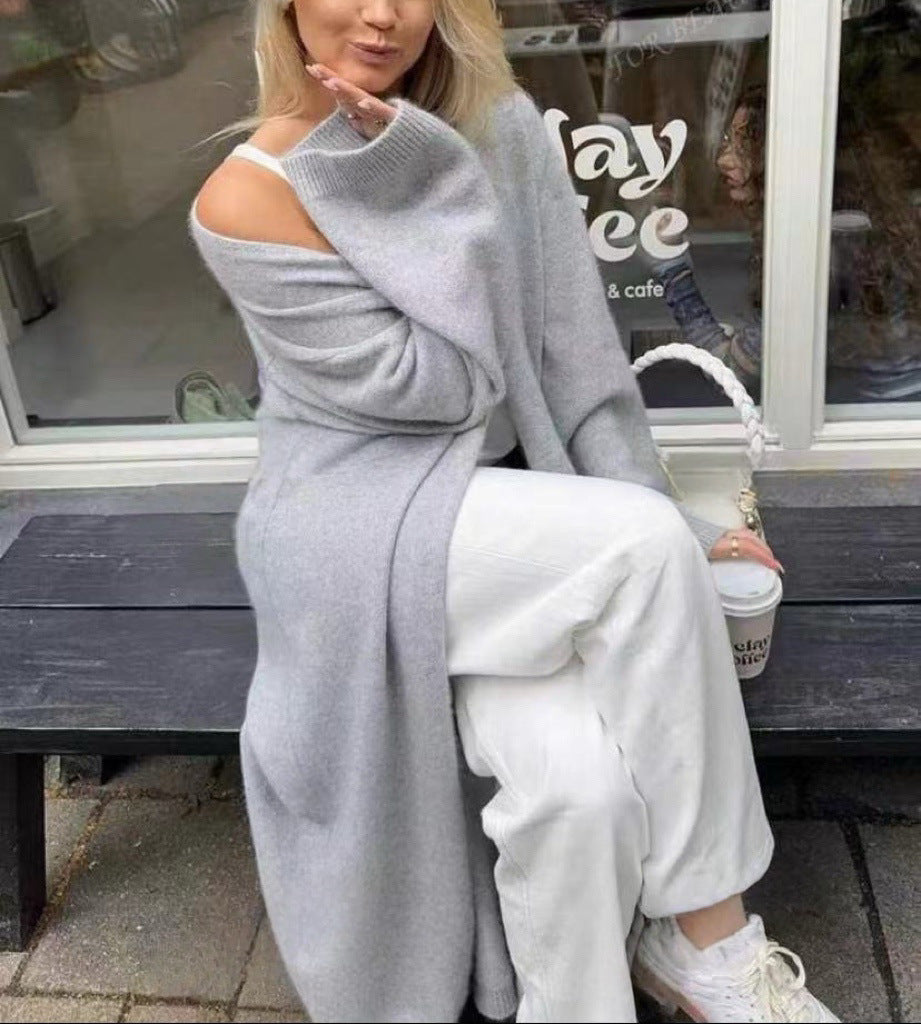Damen Langer offener Strickmantel-Cardigan mit schulterfreiem Oversize-Schnitt und Kaschmir-Touch EB
