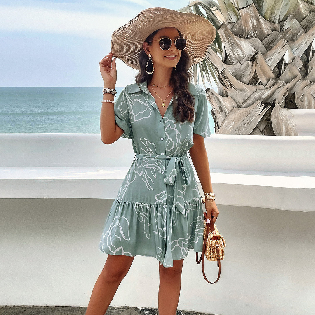 Damen Sommerliches Kleid mit Wellenmuster und Taillengürtel EB