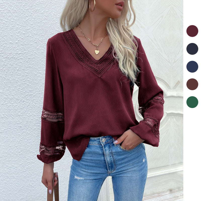 Damen Hemdbluse mit Spitzenakzenten und modernem V-Ausschnitt EB