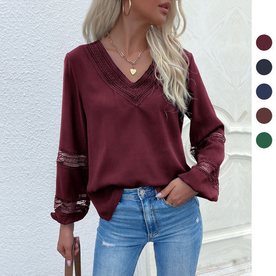 Damen Hemdbluse mit Spitzenakzenten und modernem V-Ausschnitt EB